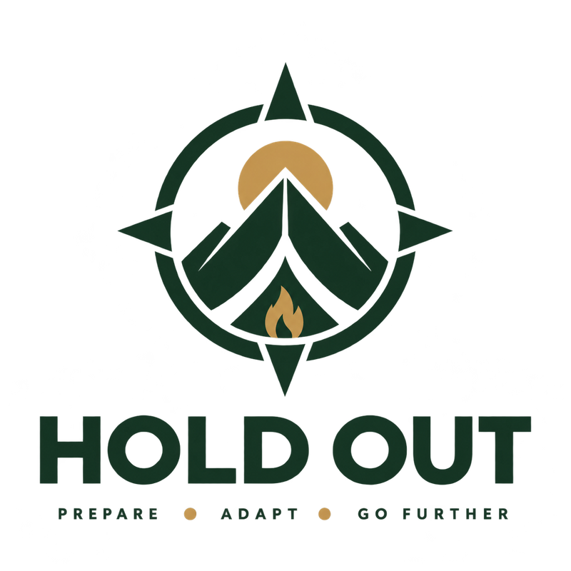 Logo Hold Out : boussole, montagne et feu de camp